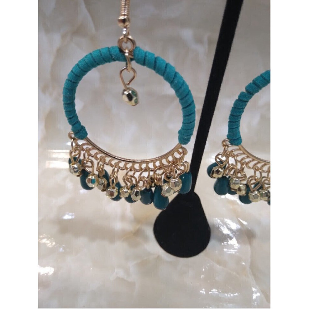 Woven Bohemian Tasseled Earrings In Teal - Picture 4 of 6